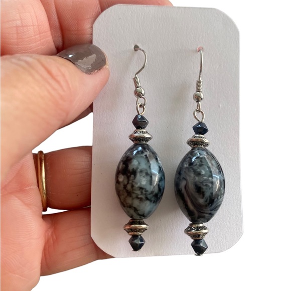 Gray and Black Stone Beaded and Silver Drop Earrings - Picture 3 of 4